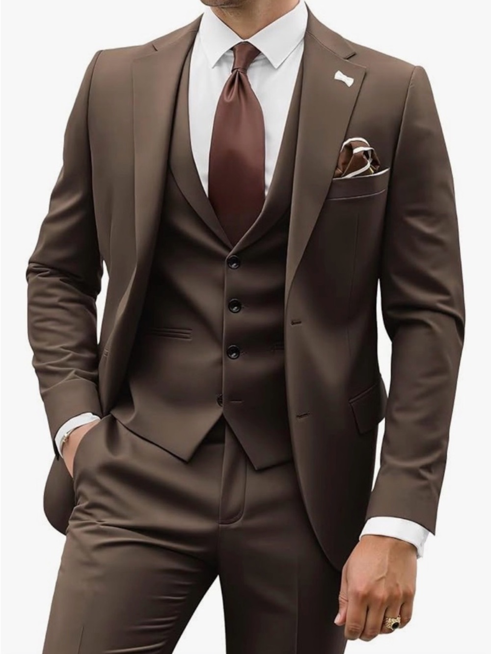 Men's Slim Fit Brown Three-Piece Suit - Classic Formal Wear